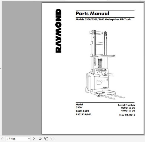 Raymond Order Pick Lift Truck 5300 5500 5600 Schematic Maintenance Parts Manual 2
