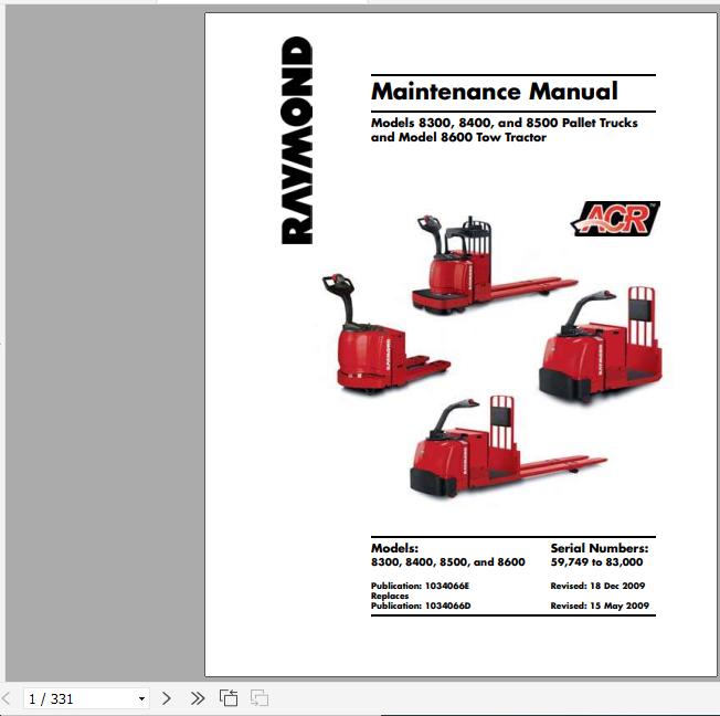Raymond Pallet Truck 8300 8400 8500 8600 Schematic Maintenance Parts Manual 1