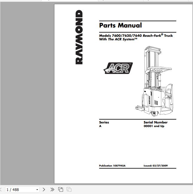 Raymond Reach Fork Truck 7600 7620 7640 Schematics Maintenance Parts Manual 1
