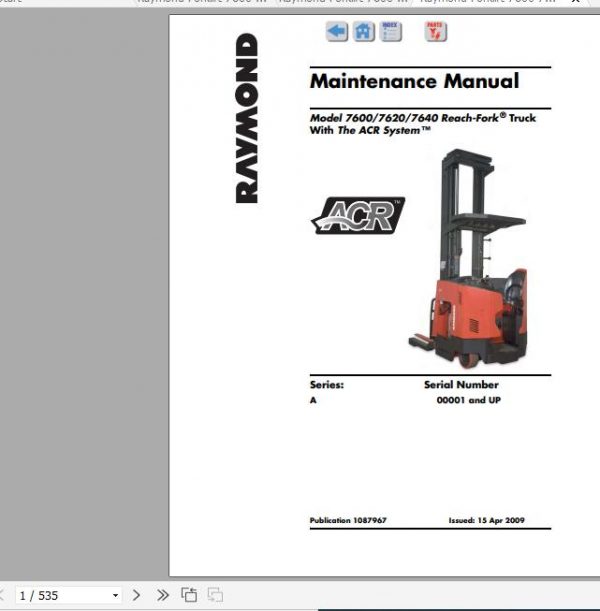 Raymond Reach Fork Truck 7600 7620 7640 Schematics Maintenance Parts Manual 2