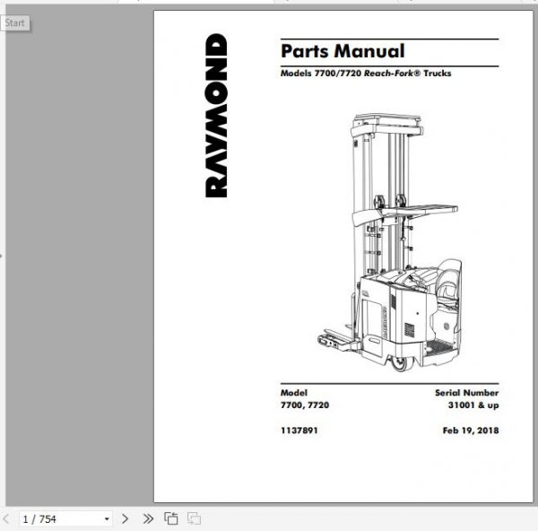 Raymond Reach Fork Truck 7700 7720 Schematics Maintenance Parts Manual 2