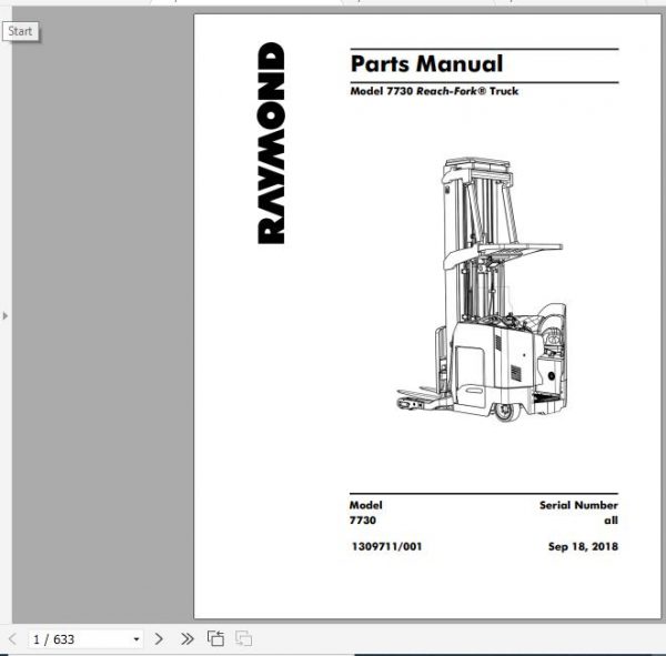 Raymond Reach Fork Truck 7730 Schematics Maintenance Parts Manual 1