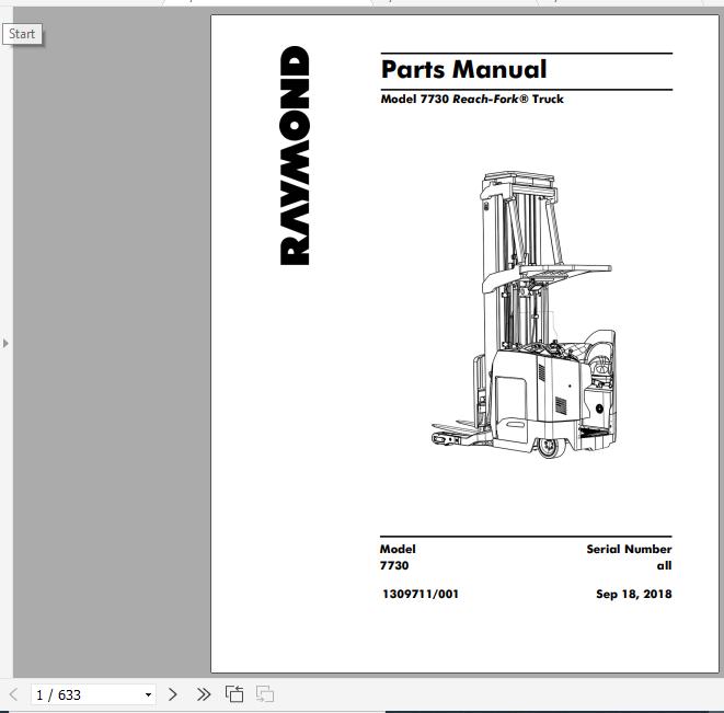 Raymond Reach Fork Truck 7730 Schematics Maintenance Parts Manual 1