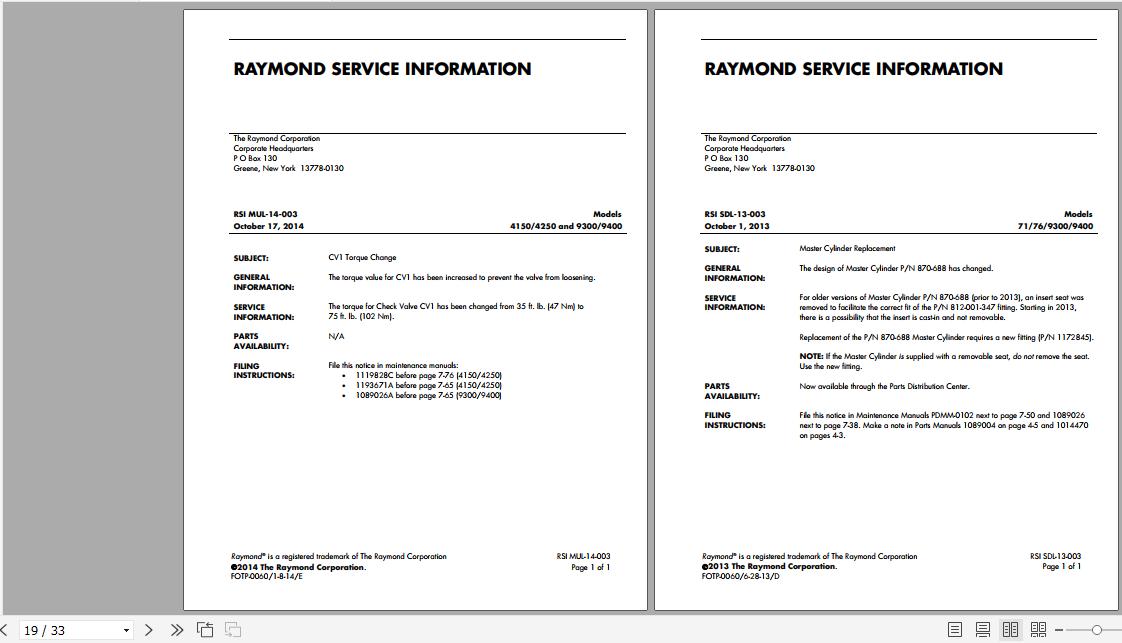 Raymond Side Loader Truck SDL RSIs Service Information 1