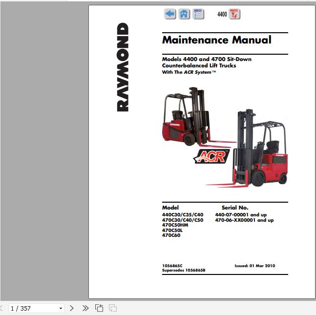 Raymond Sit down Counterbalanced Lift Truck 4400 Schematics Maintenance Parts Manual 1