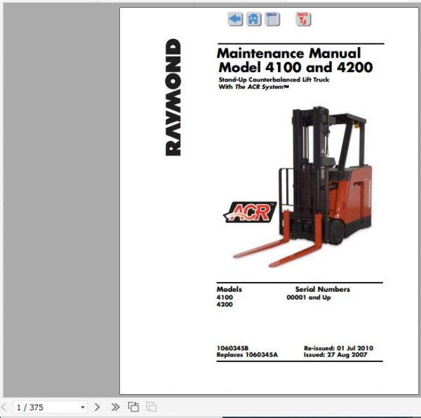 Raymond Stand Up Counterbalanced Lift Truck 4100 4200 Schematics Maintenance Parts Manual 1