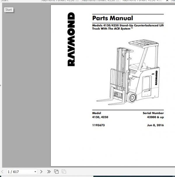 Raymond StandUp Counterbalanced Lift Truck 4150 4250 Schematics, Maintenance & Parts Manual
