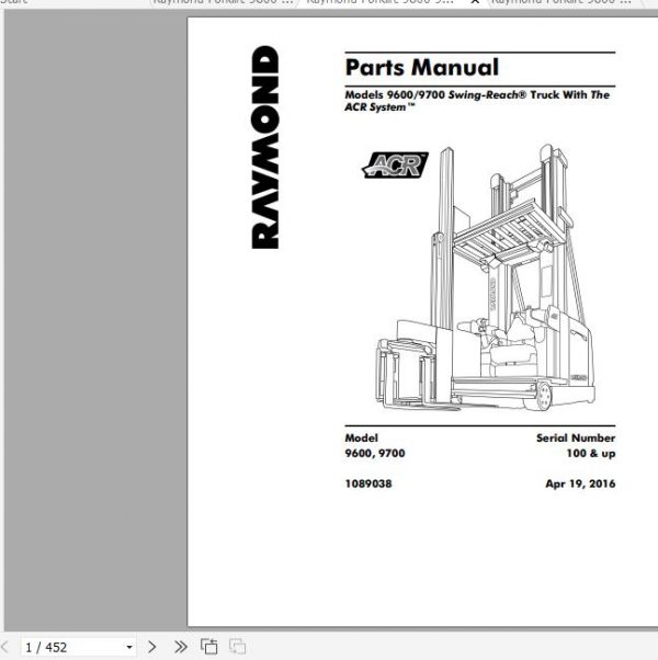 Raymond Swing Reach Truck 9600 9700 Maintenance Parts Manual 1