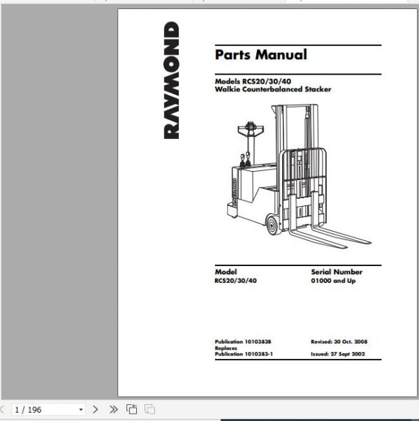 Raymond Walkie Counterbalanced Stacker RCS20 RCS30 RCS40 Schematics Maintenance Parts Manual 1