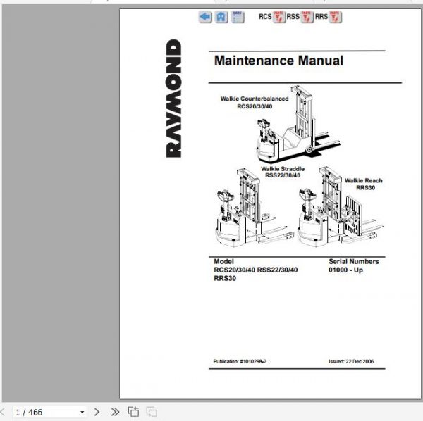 Raymond Walkie Counterbalanced Stacker RCS20 RCS30 RCS40 Schematics Maintenance Parts Manual 2