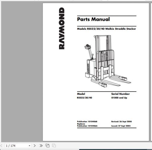 Raymond Walkie Straddle Stacker RSS22 RSS30 RSS40 Schematics Maintenance Parts Manual 1