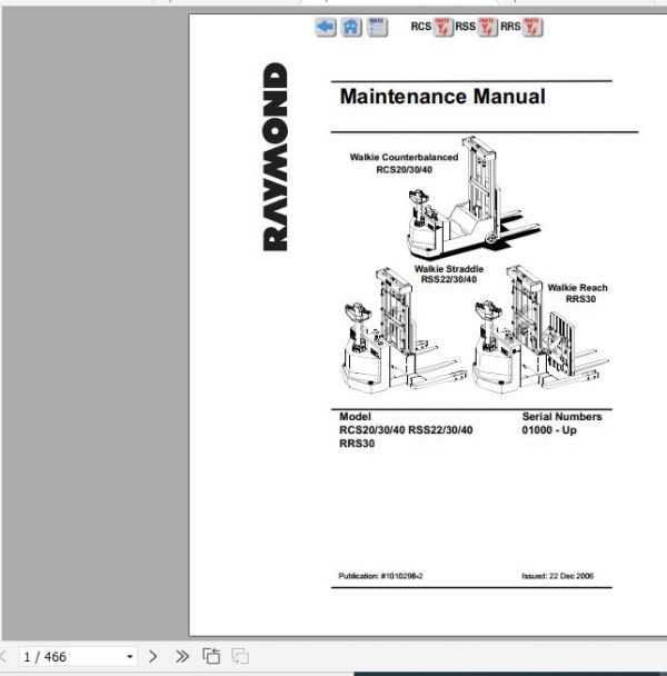 Raymond Walkie Straddle Stacker RSS22 RSS30 RSS40 Schematics Maintenance Parts Manual 2