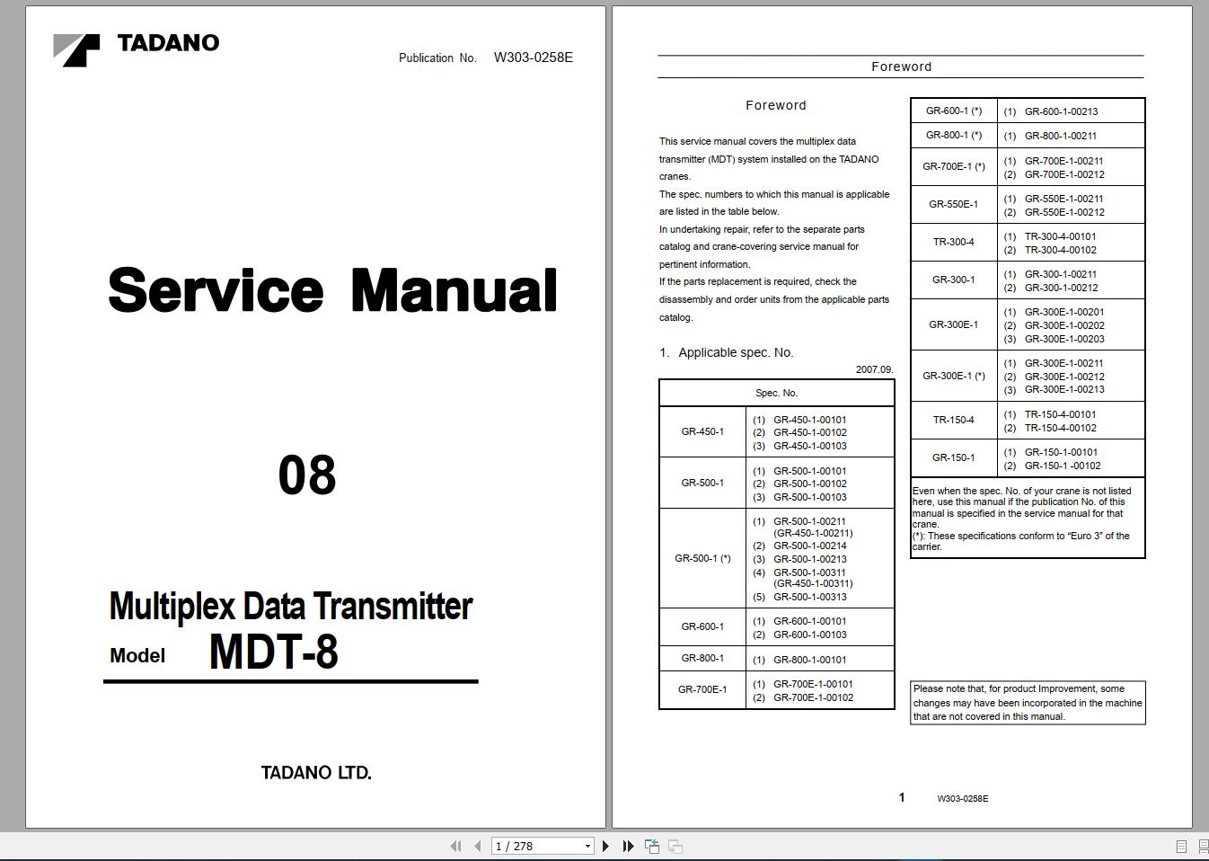 Tadano Crane 55 Ton GR550EX1 Service Manual, Parts Catalog &