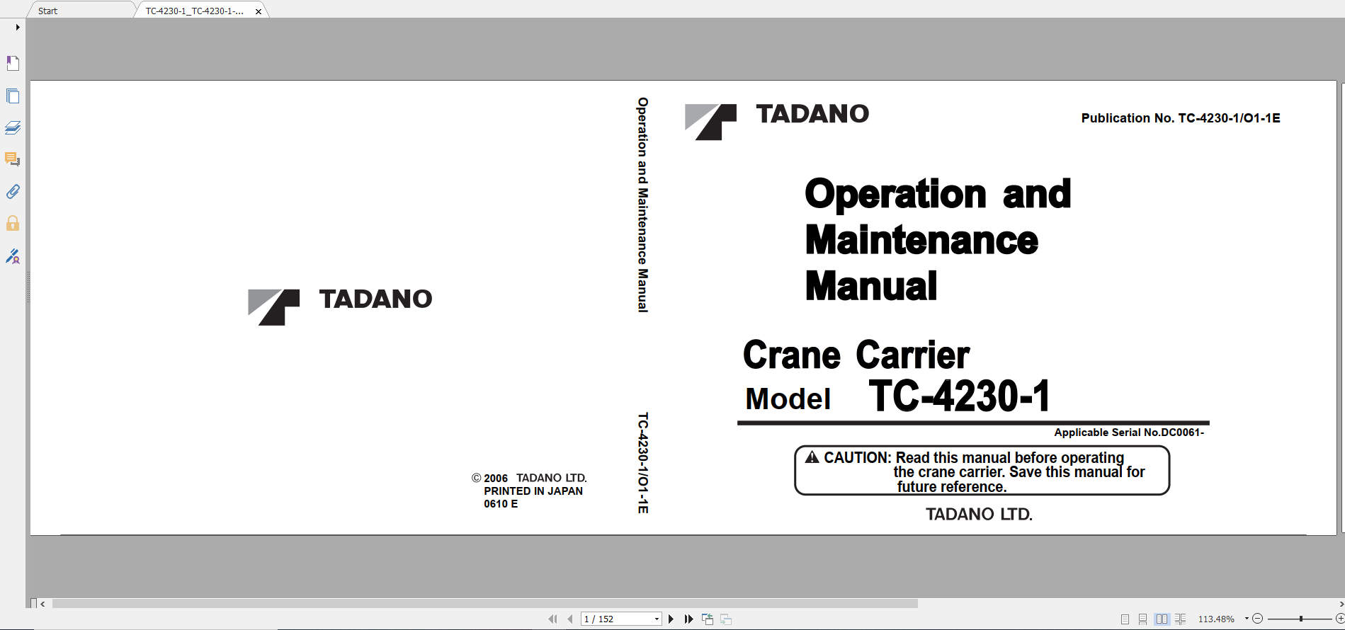 Tadano Crane Carrier TC 4230 1 TC 4230 1 00100 Operation Maintance Manual 1