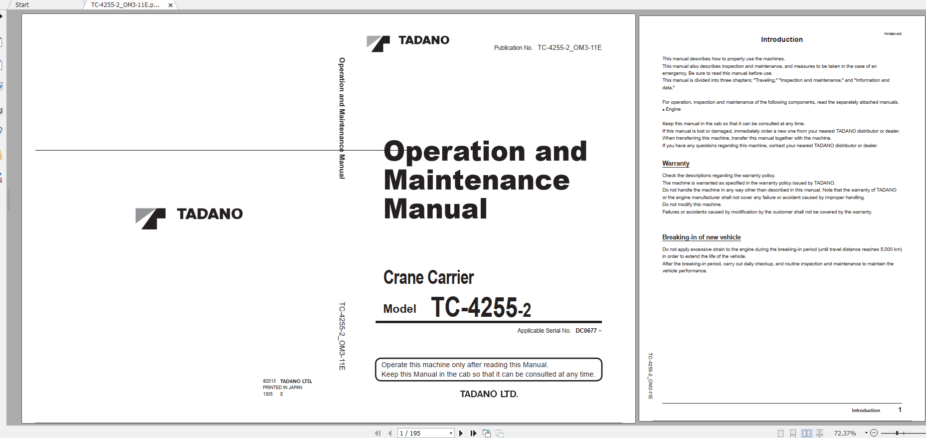 Tadano Crane Carrier TC 4255 2 TC 4255 2 00300 Operation Maintance Manual 1