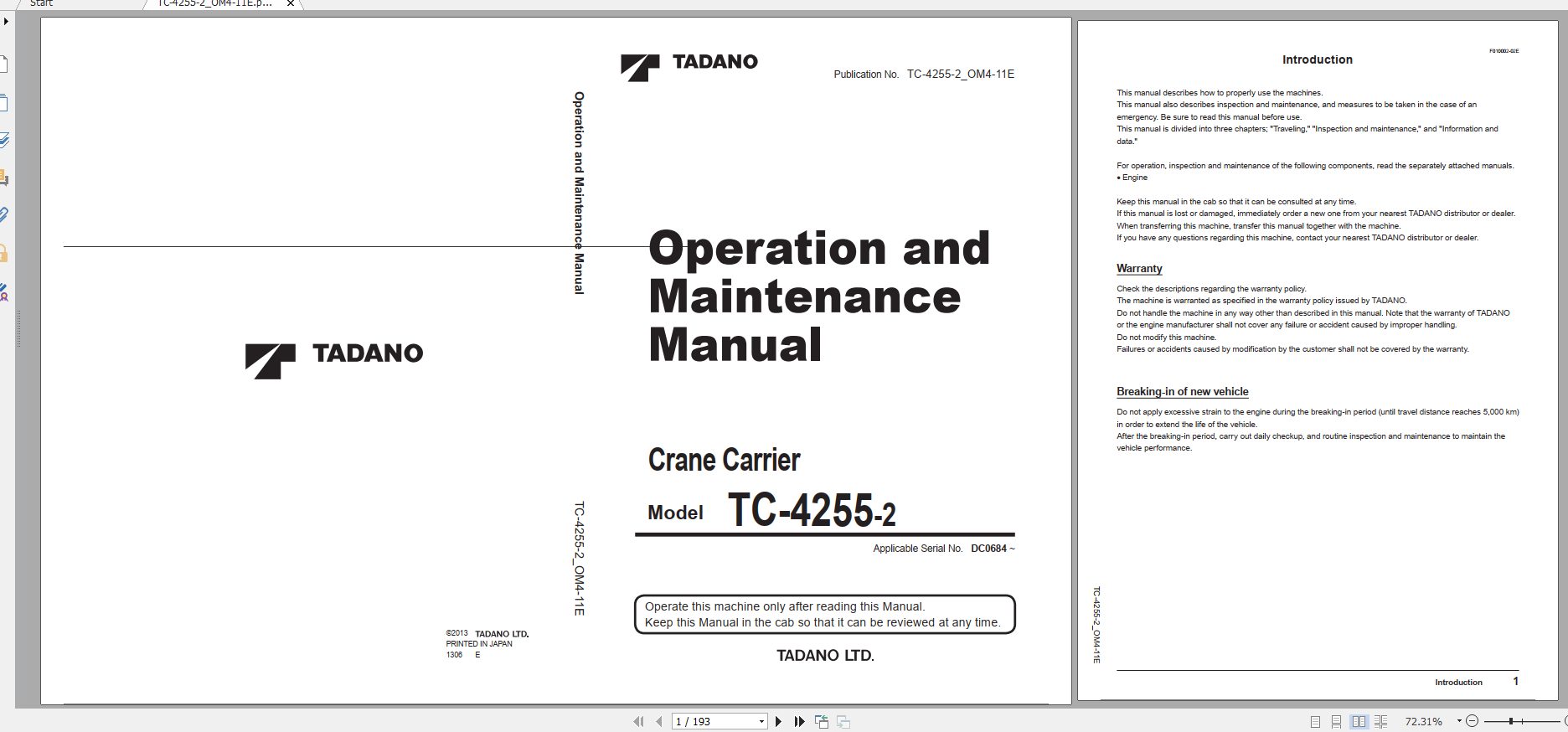 Tadano Crane Carrier TC 4255 2 TC 4255 2 00400 Operation Maintance Manual 1