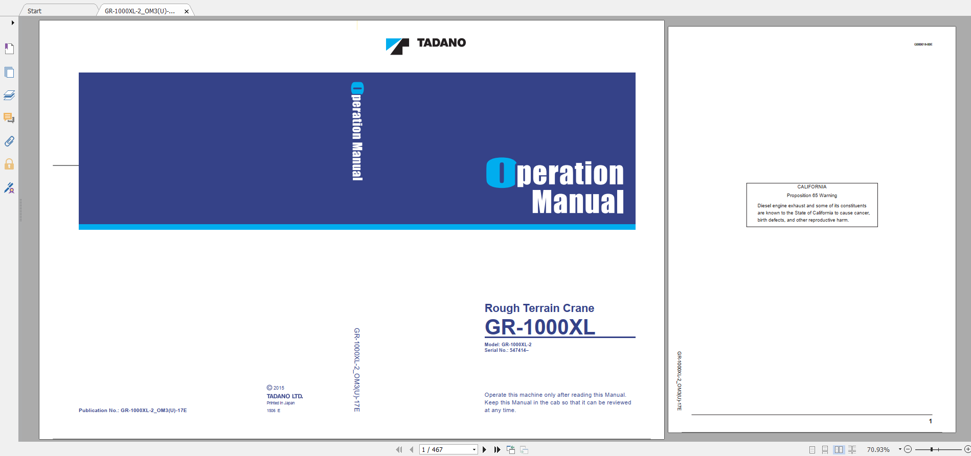 Tadano Rough Terrain Crane GR 1000XL 2 GR 1000 2 00201 Operation Maintance Manual 1
