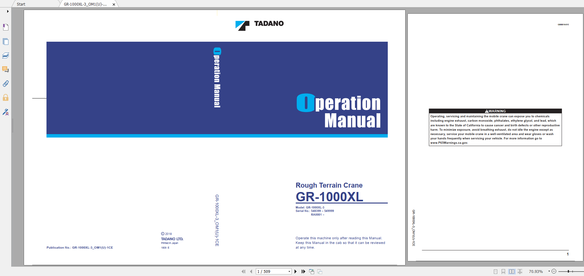 Tadano Rough Terrain Crane GR 1000XL 3 GR 1000 3 00311 Operation Maintance Manual 1