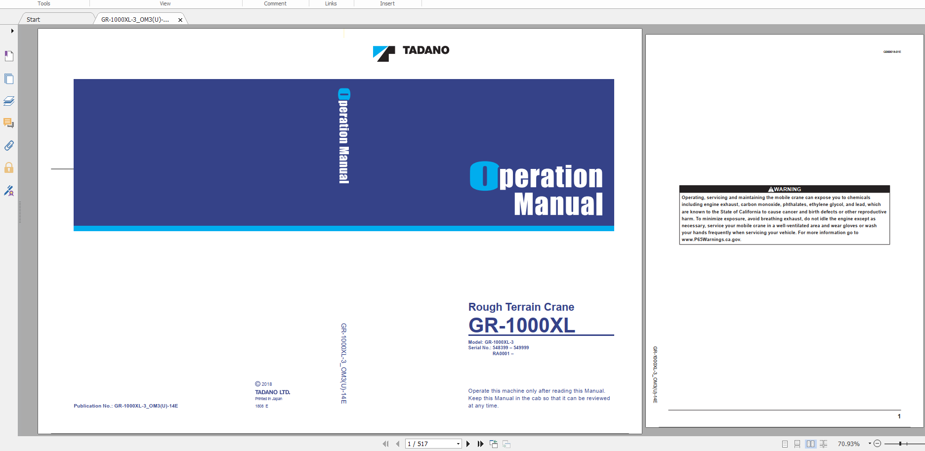 Tadano Rough Terrain Crane GR 1000XL 3 GR 1000 3 00312 Operation Maintance Manual 1