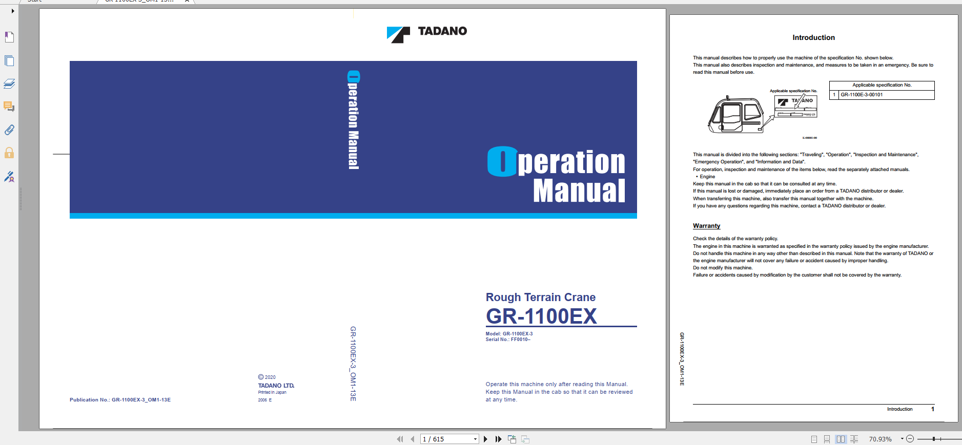 Tadano Rough Terrain Crane GR 1100EX 3 GR 1100E 3 00101 Operation Maintance Manual 1