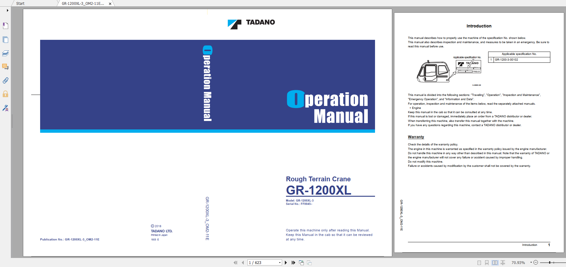 Tadano Rough Terrain Crane GR 1200XL 3 GR 1200 3 00102 Operation Maintance Manual 1