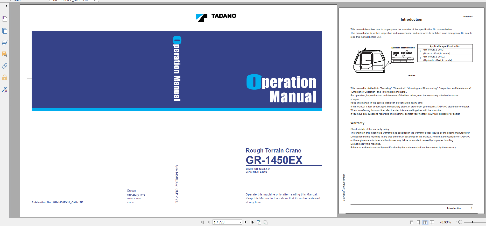 Tadano Rough Terrain Crane GR 1450EX 2 GR 1450E 2 00102 Operation Maintance Manual 1