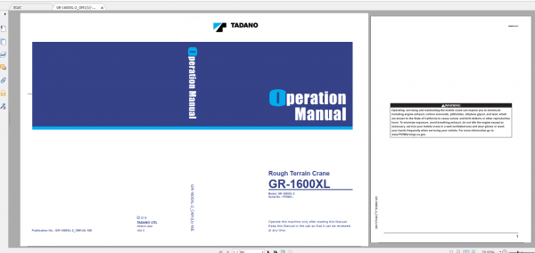 Tadano Rough Terrain Crane GR 1600XL 2 GR 1600 2 00101 Operation Maintance Manual 1