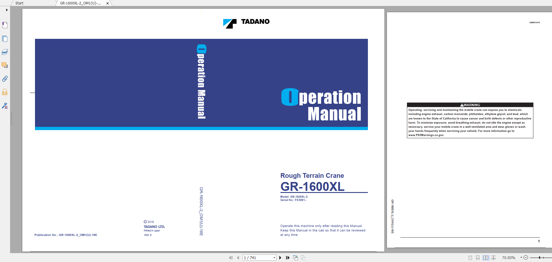 Tadano Rough Terrain Crane GR 1600XL 2 GR 1600 2 00102 Operation Maintance Manual 1