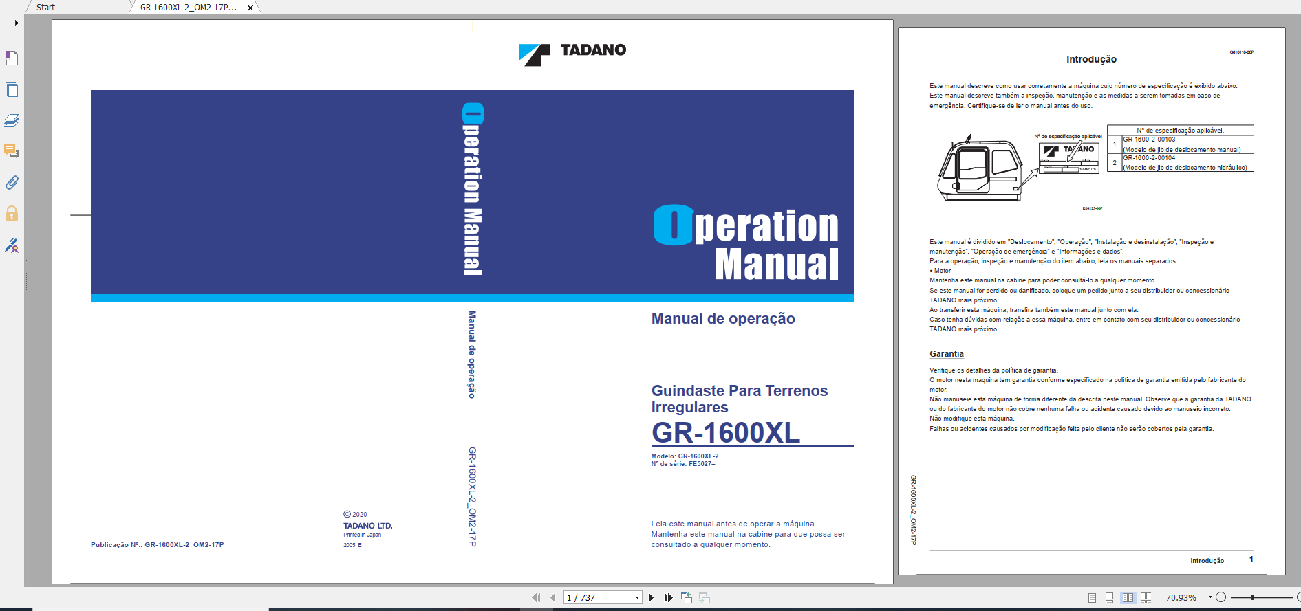 Tadano Rough Terrain Crane GR 1600XL 2 GR 1600 2 00103 PO Operation Maintance Manual Po 1