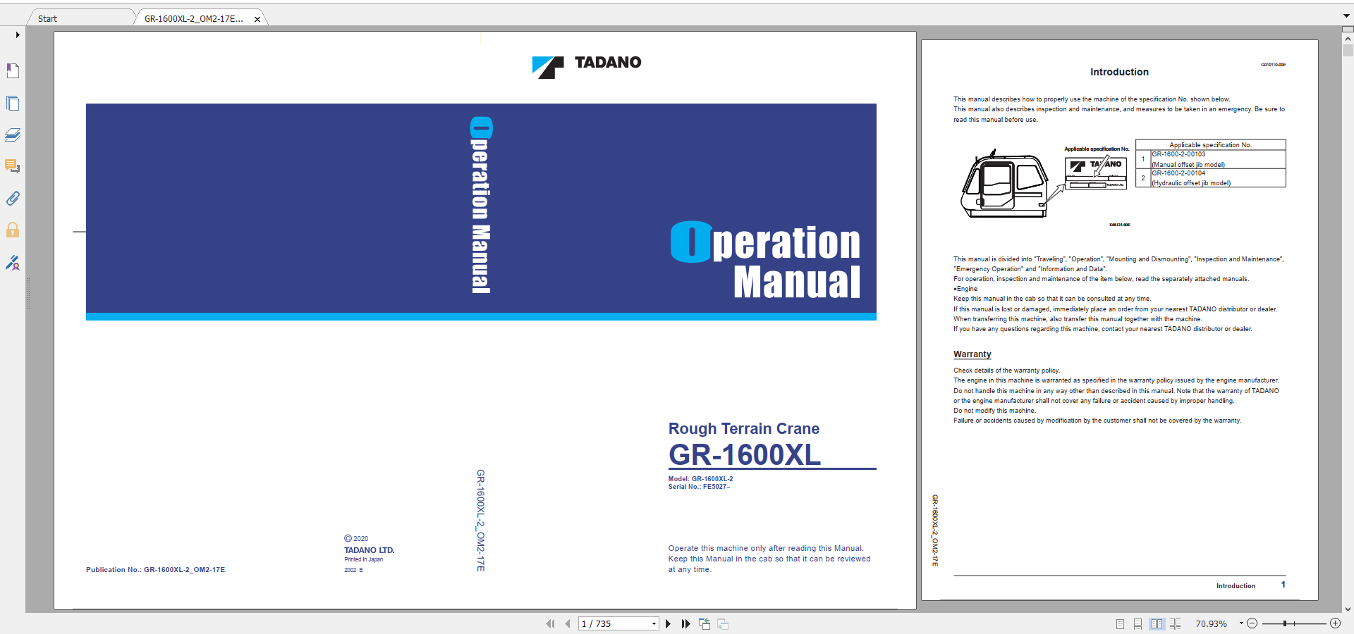 Tadano Rough Terrain Crane GR 1600XL 2 GR 1600 2 00104 Operation Maintance Manual 1