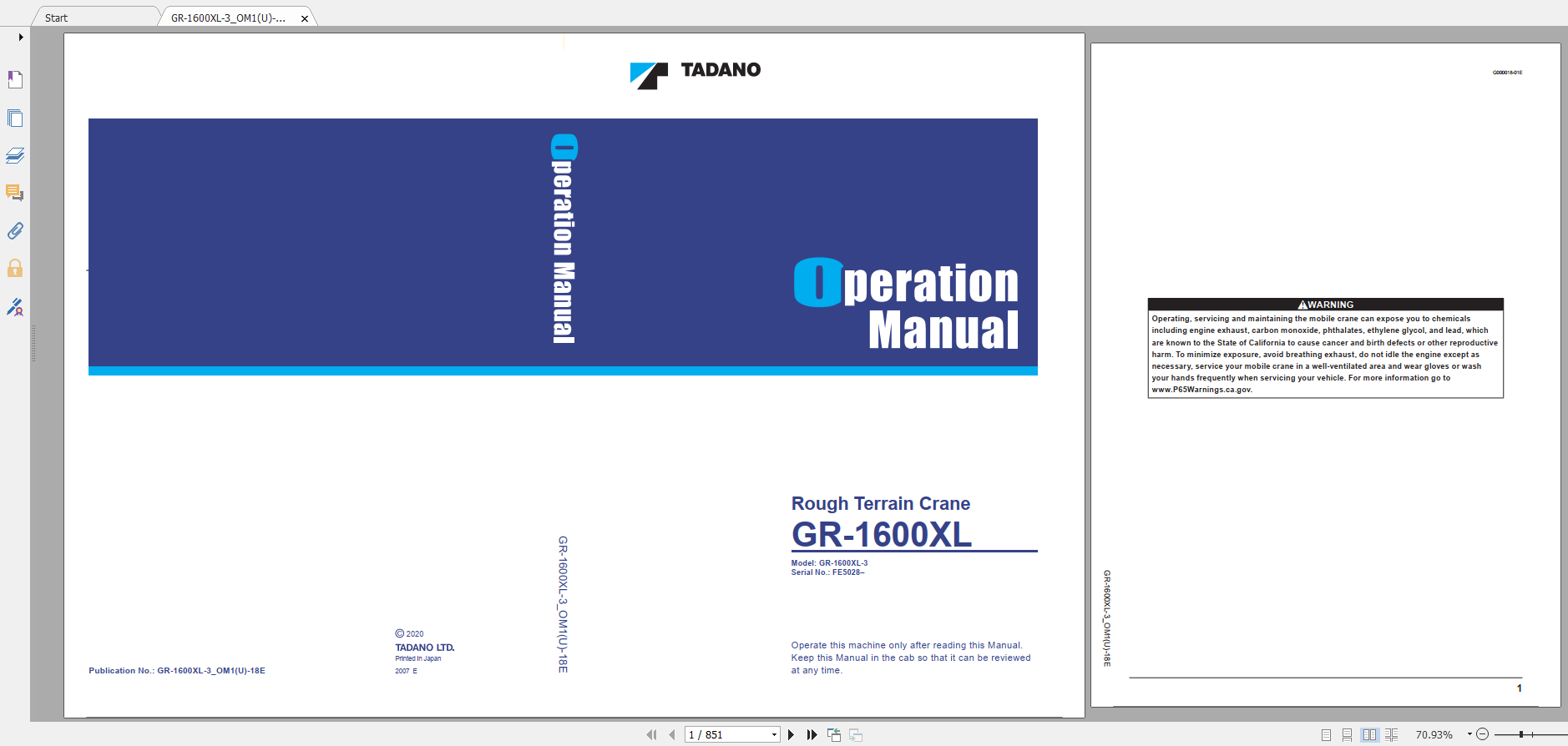 Tadano Rough Terrain Crane GR 1600XL 3 GR 1600 3 00101 Operation Maintance Manual 1