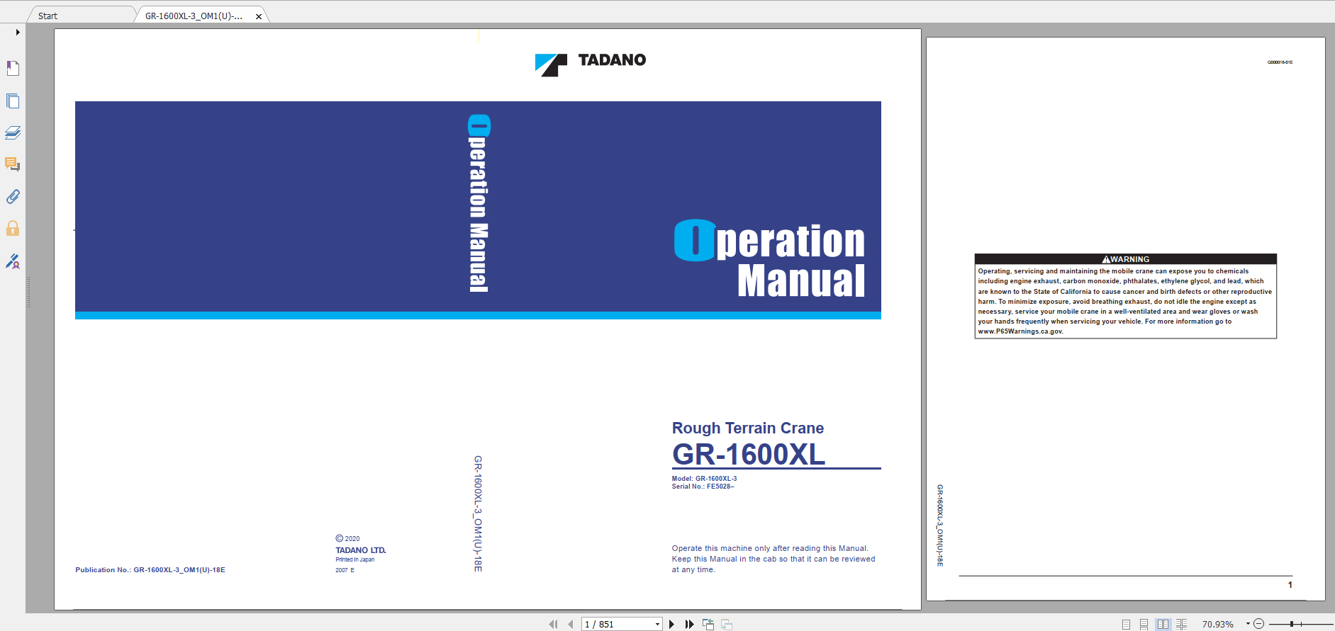 Tadano Rough Terrain Crane GR 1600XL 3 GR 1600 3 00102 Operation Maintance Manual 1