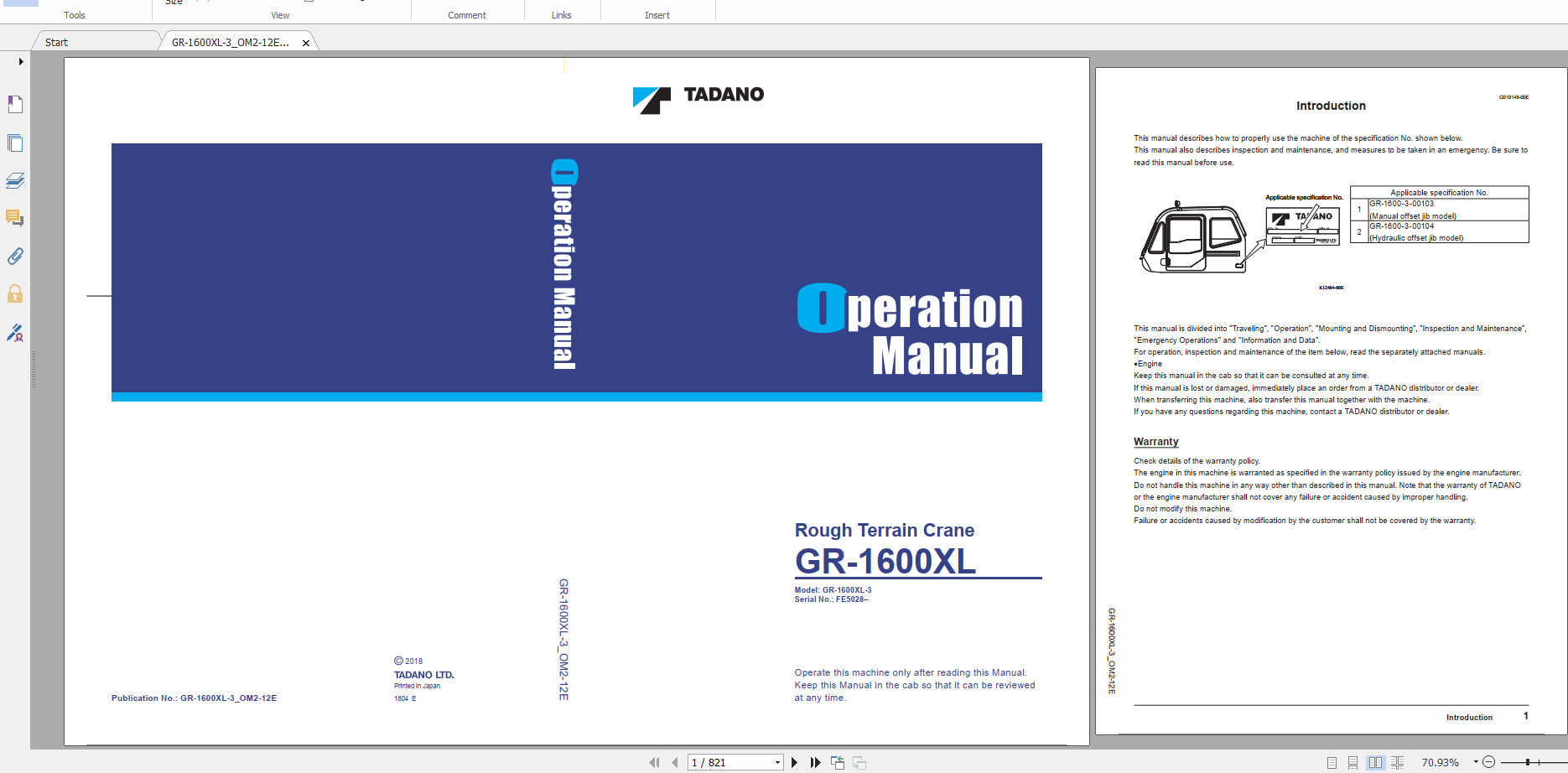 Tadano Rough Terrain Crane GR 1600XL 3 GR 1600 3 00103 Operation Maintance Manual 1