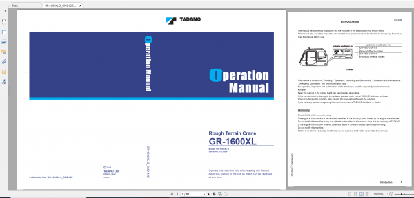 Tadano Rough Terrain Crane GR 1600XL 3 GR 1600 3 00104 Operation Maintance Manual 1