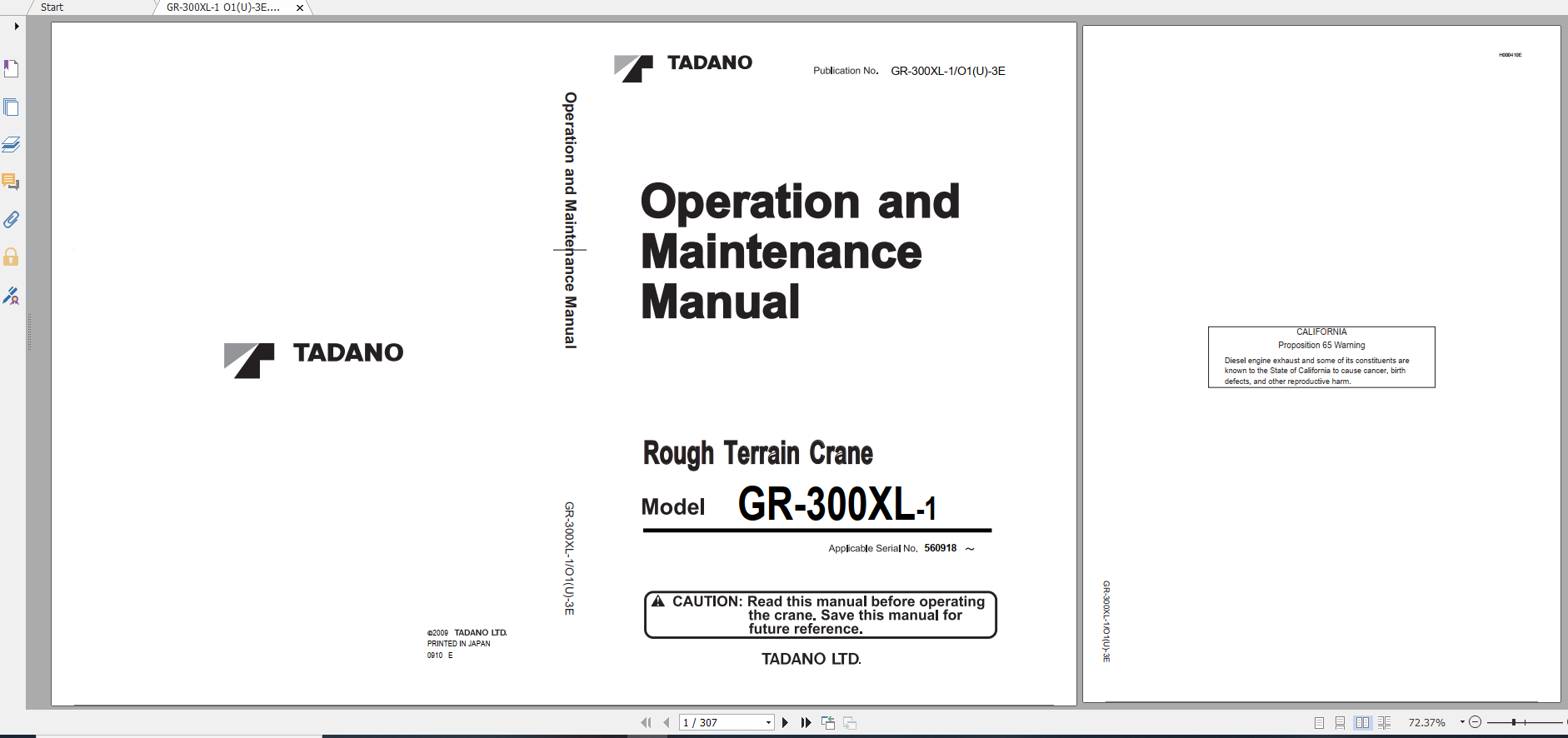 Tadano Rough Terrain Crane GR 300XL 1 GR 300 1 00211 Operation Maintance Manual 1
