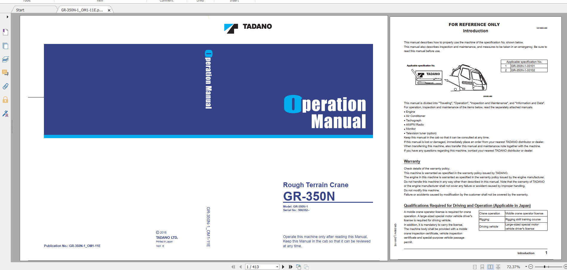 Tadano Rough Terrain Crane GR 350N 1 GR 350N 1 00101 Operation Maintance Manual 1