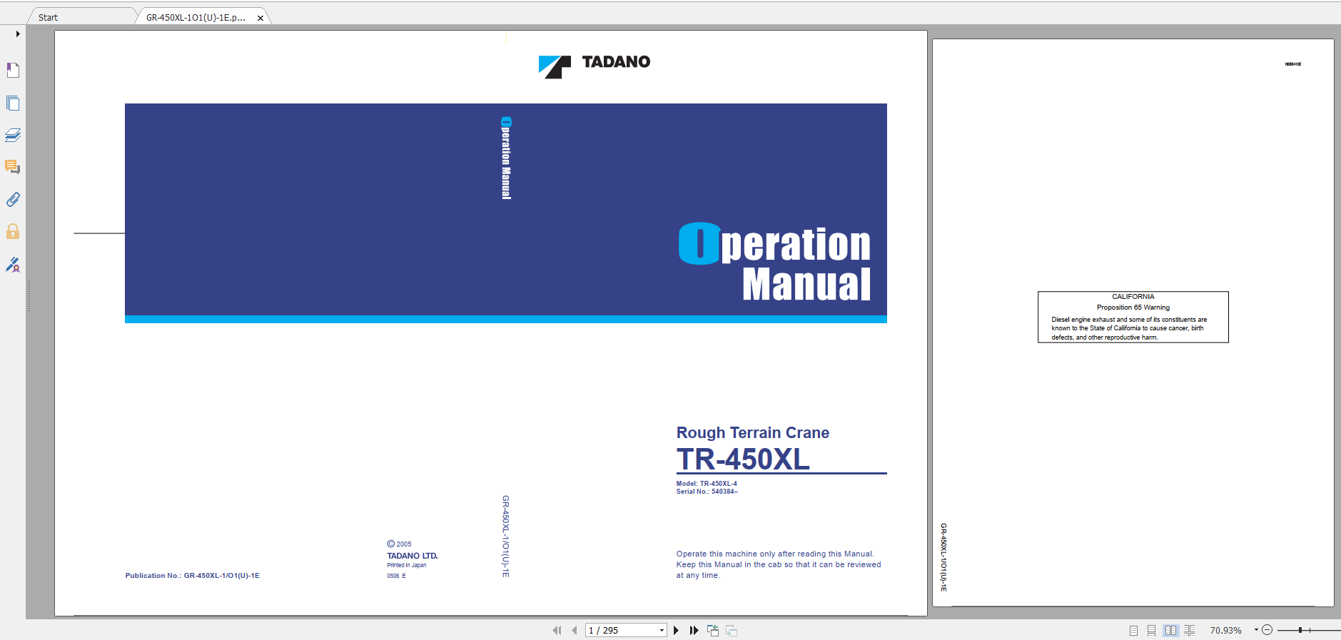 Tadano Rough Terrain Crane GR 450XL 1 GR 450 1 00101 Operation Maintance Manual 1
