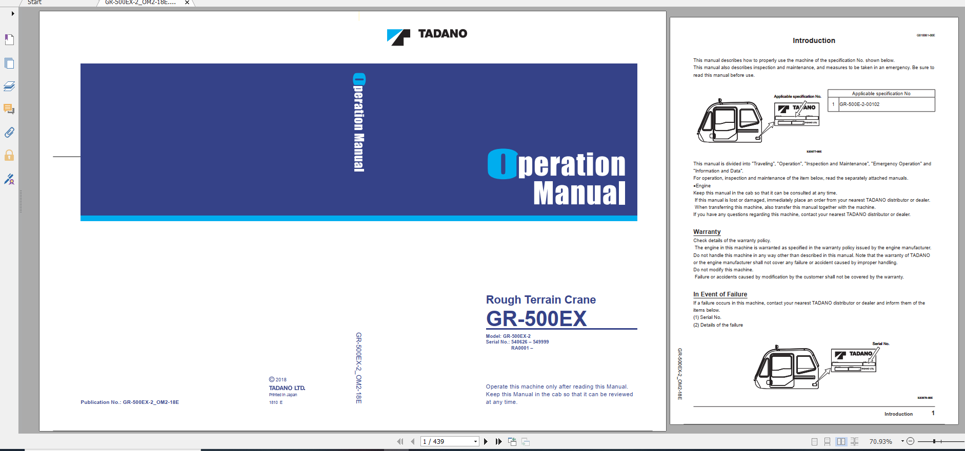 Tadano Rough Terrain Crane GR 500EX 2 GR 500E 2 00104 Operation Maintance Manual 1