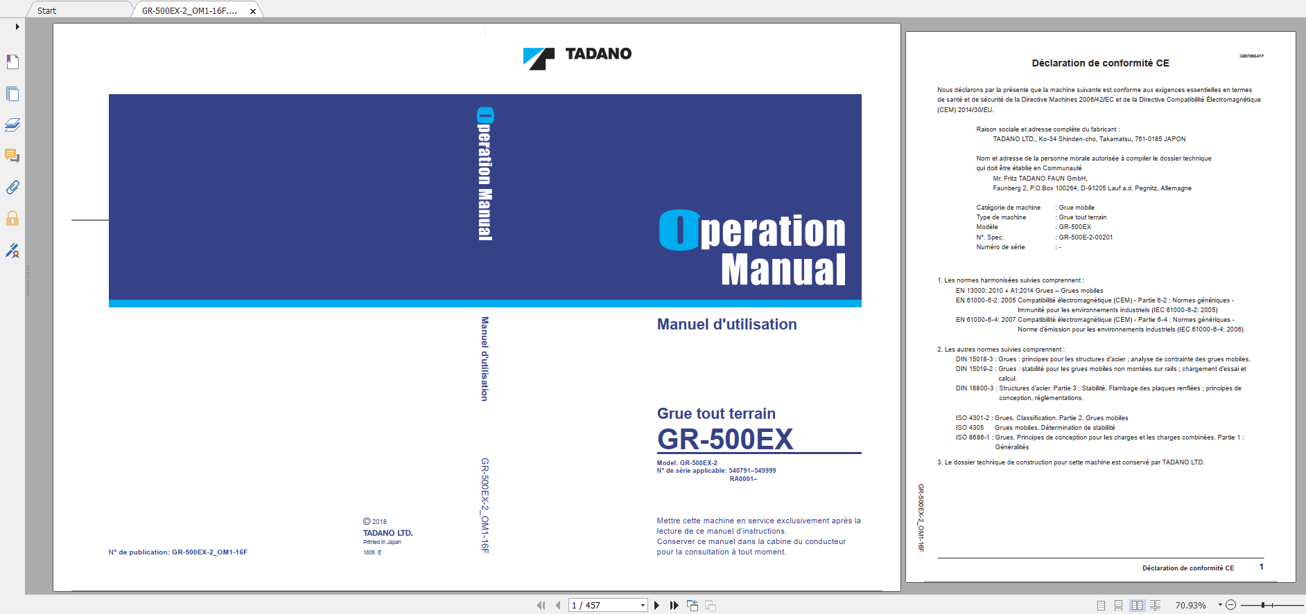 Tadano Rough Terrain Crane GR 500EX 2 GR 500E 2 00201 Operation Maintance Manual FR 1