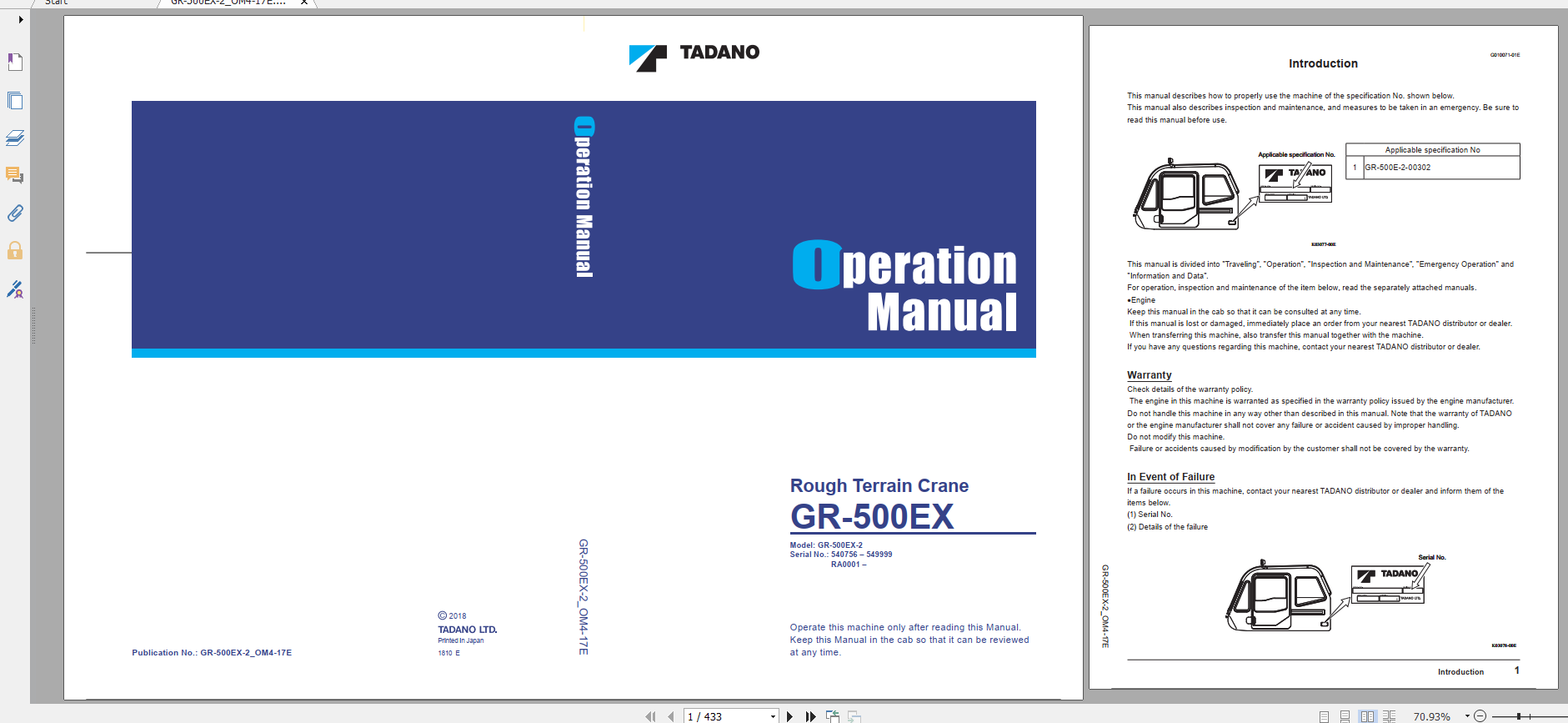 Tadano Rough Terrain Crane GR 500EX 2 GR 500E 2 00302 Operation Maintance Manual 1