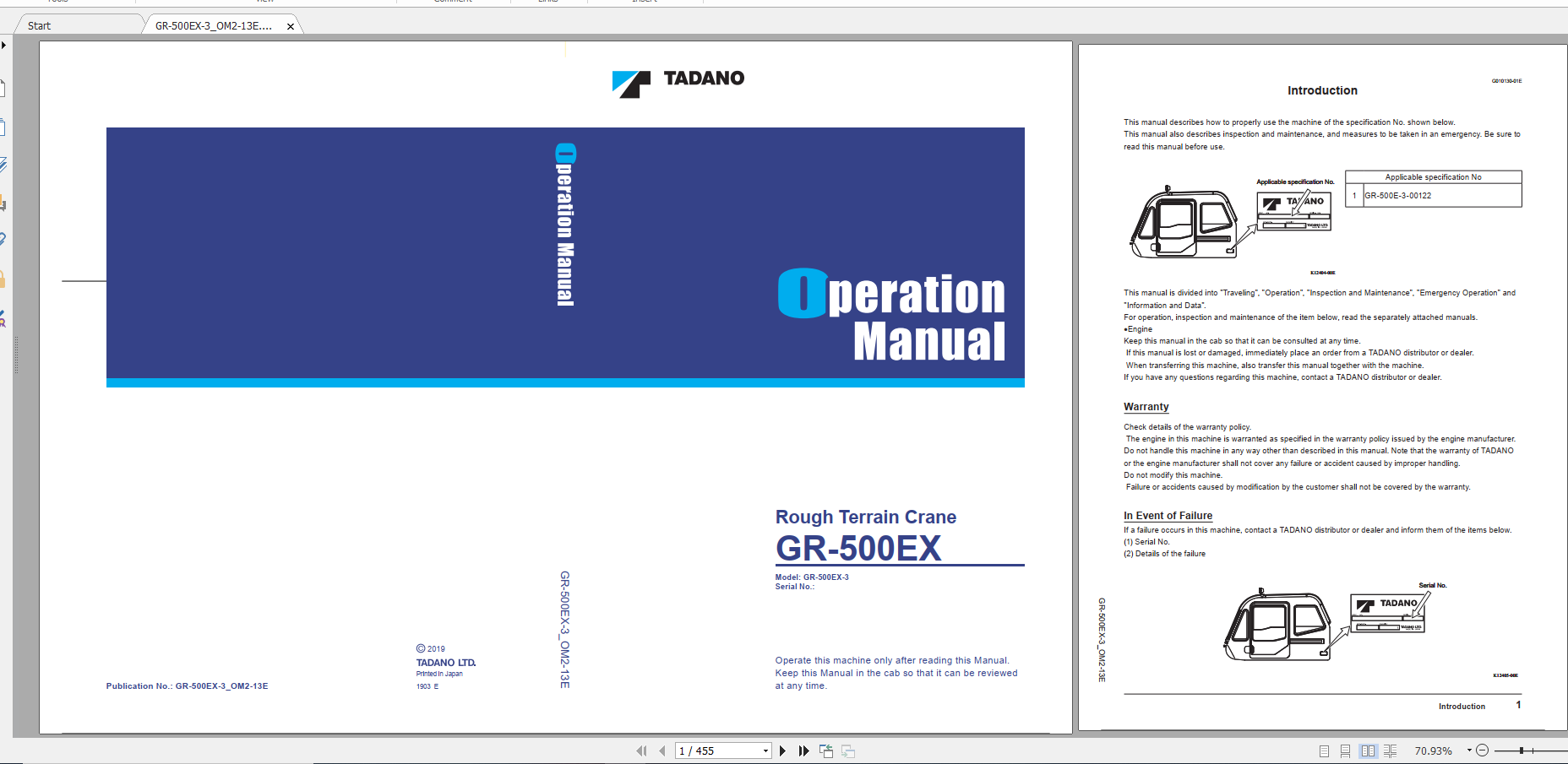 Tadano Rough Terrain Crane GR 500EX 3 GR 500E 3 00122 Operation Maintance Manual 1
