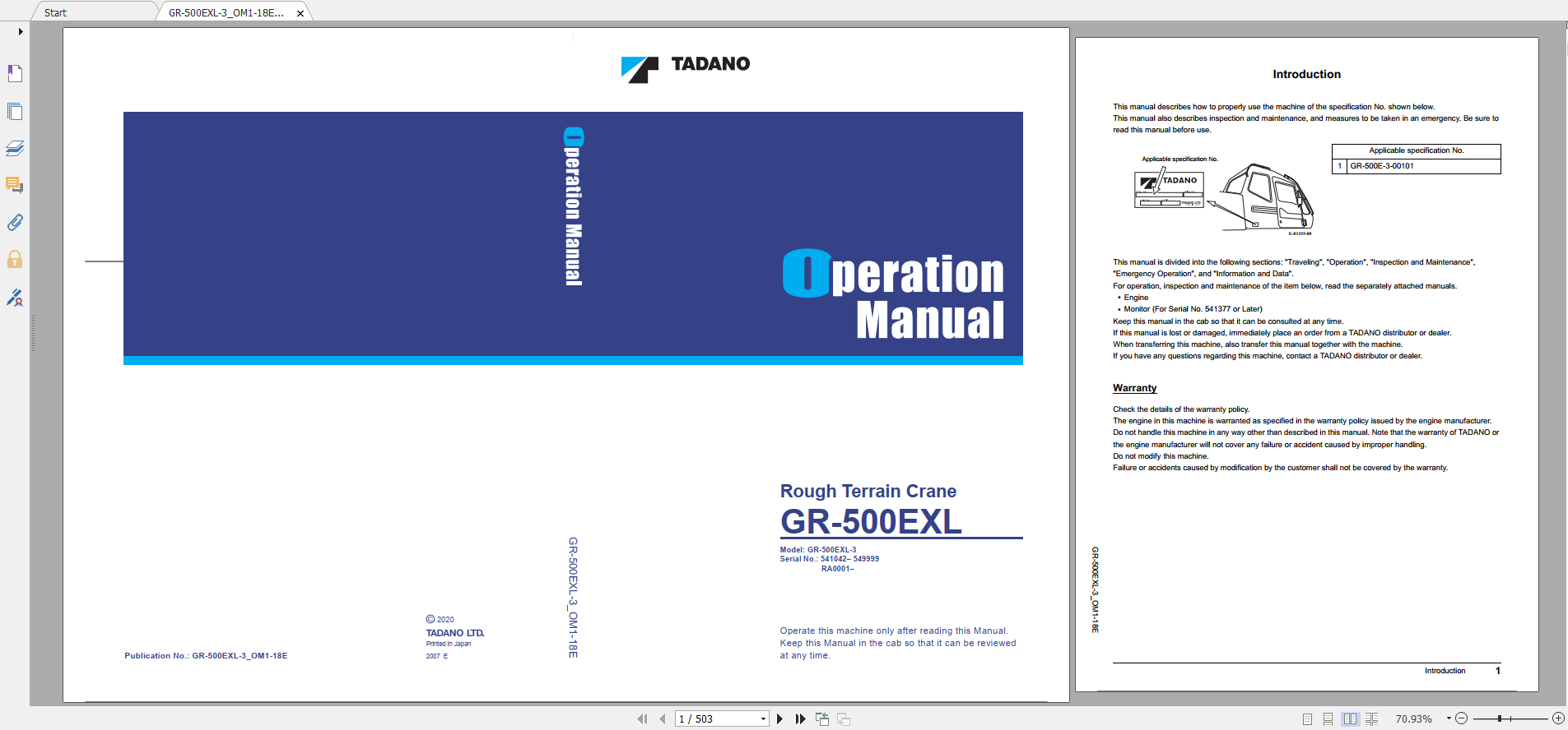 Tadano Rough Terrain Crane GR 500EXL 3 GR 500E 3 00101 Operation Maintance Manual 1