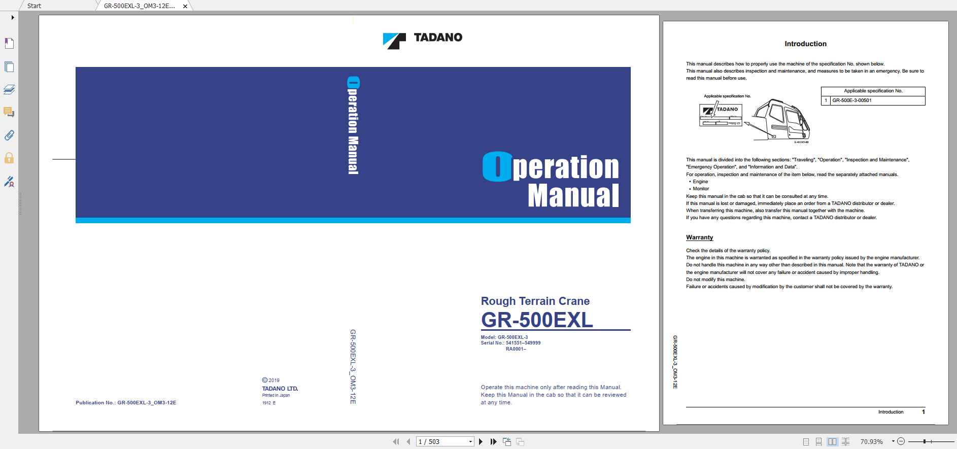 Tadano Rough Terrain Crane GR 500EXL 3 GR 500E 3 00501 Operation Maintance Manual 1