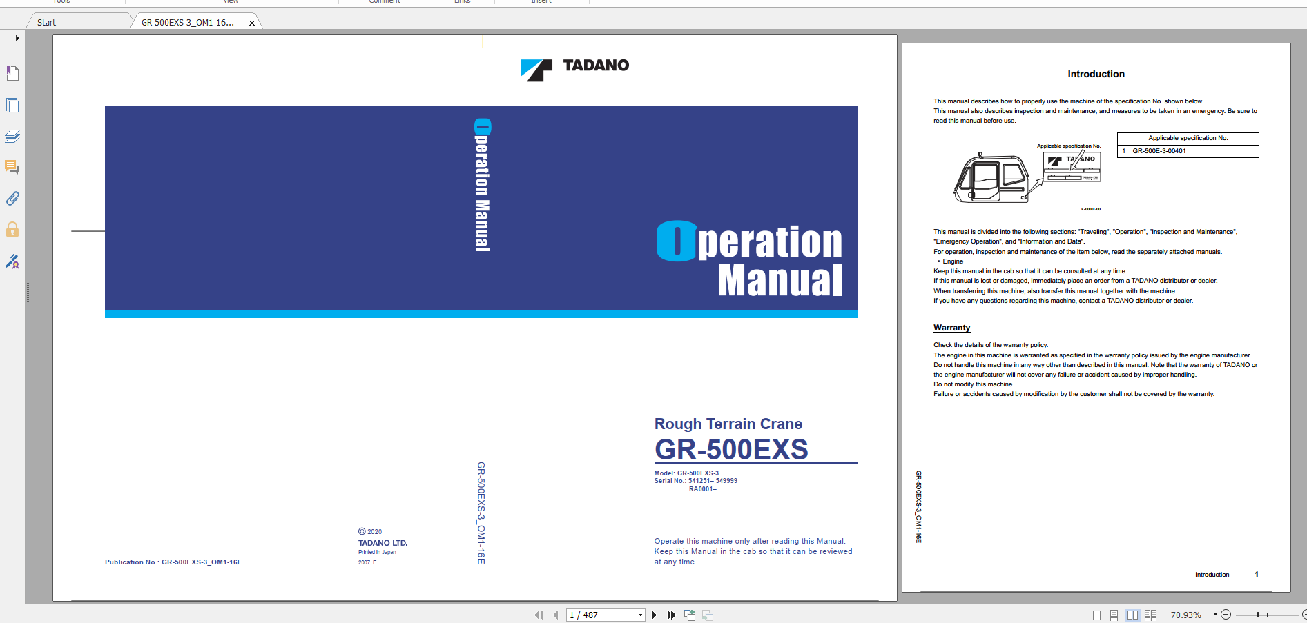 Tadano Rough Terrain Crane GR 500EXS 3 GR 500E 3 00401 Operation Maintance Manual 1