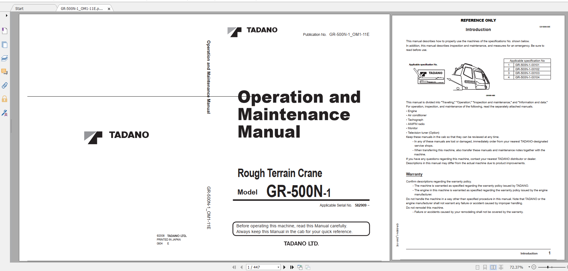 Tadano Rough Terrain Crane GR 500NFA 1 GR 500N 1 00101 Operation Maintance Manual 1