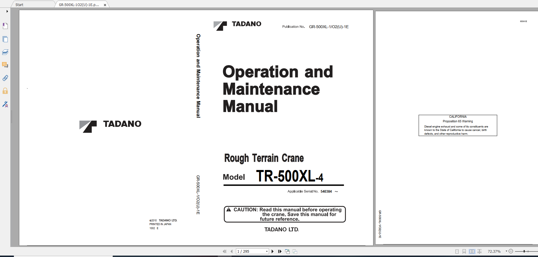 Tadano Rough Terrain Crane GR 500XL 1 GR 500 1 00101 Operation Maintance Manual 1