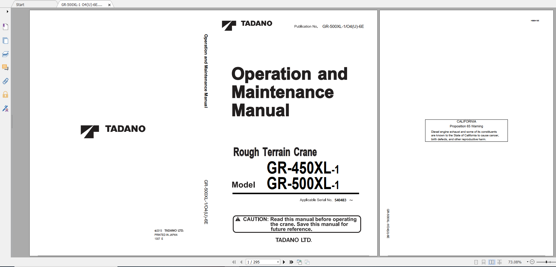 Tadano Rough Terrain Crane GR 500XL 1 GR 500 1 00311 Operation Maintance Manual 1