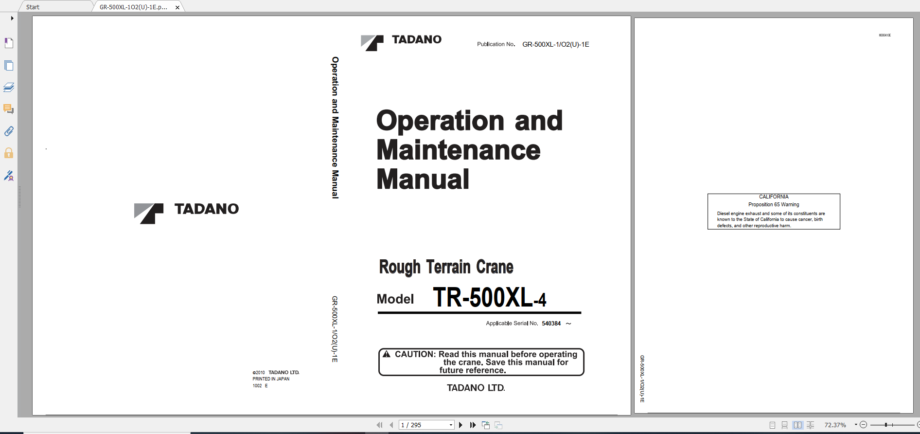 Tadano Rough Terrain Crane GR 500XL 1GR 500 1 00103 Operation Maintance Manual 1