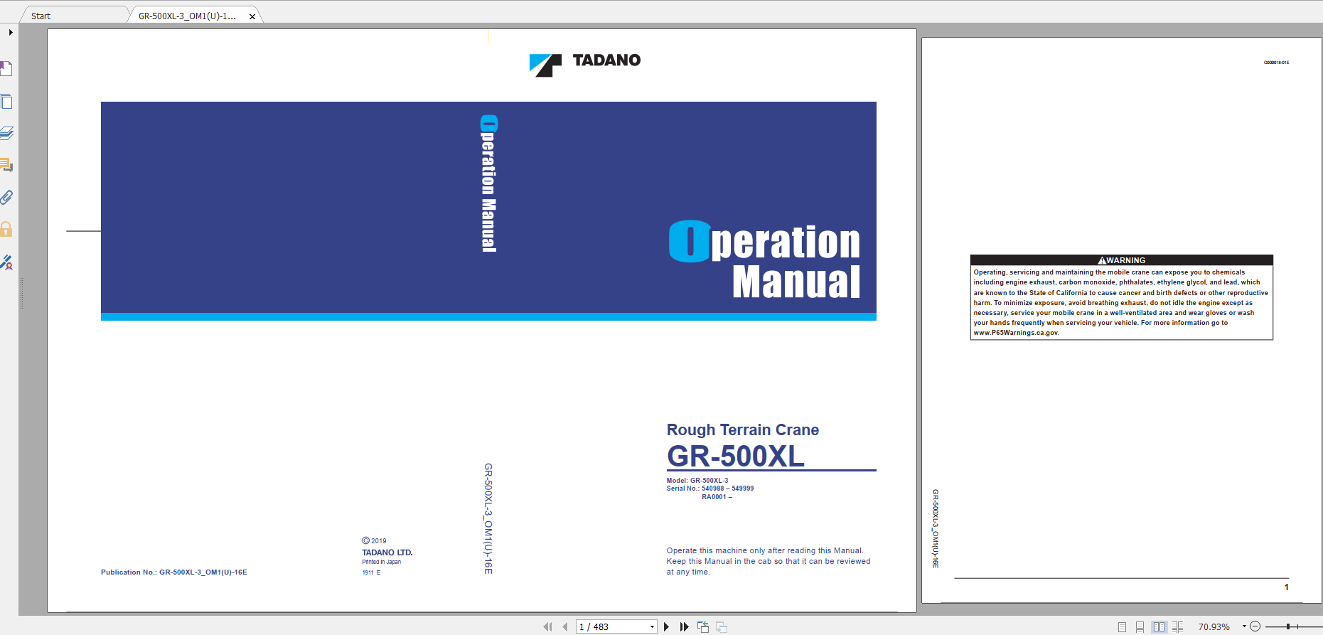 Tadano Rough Terrain Crane GR 500XL 3 GR 500 3 00311 Operation Maintance Manual 1