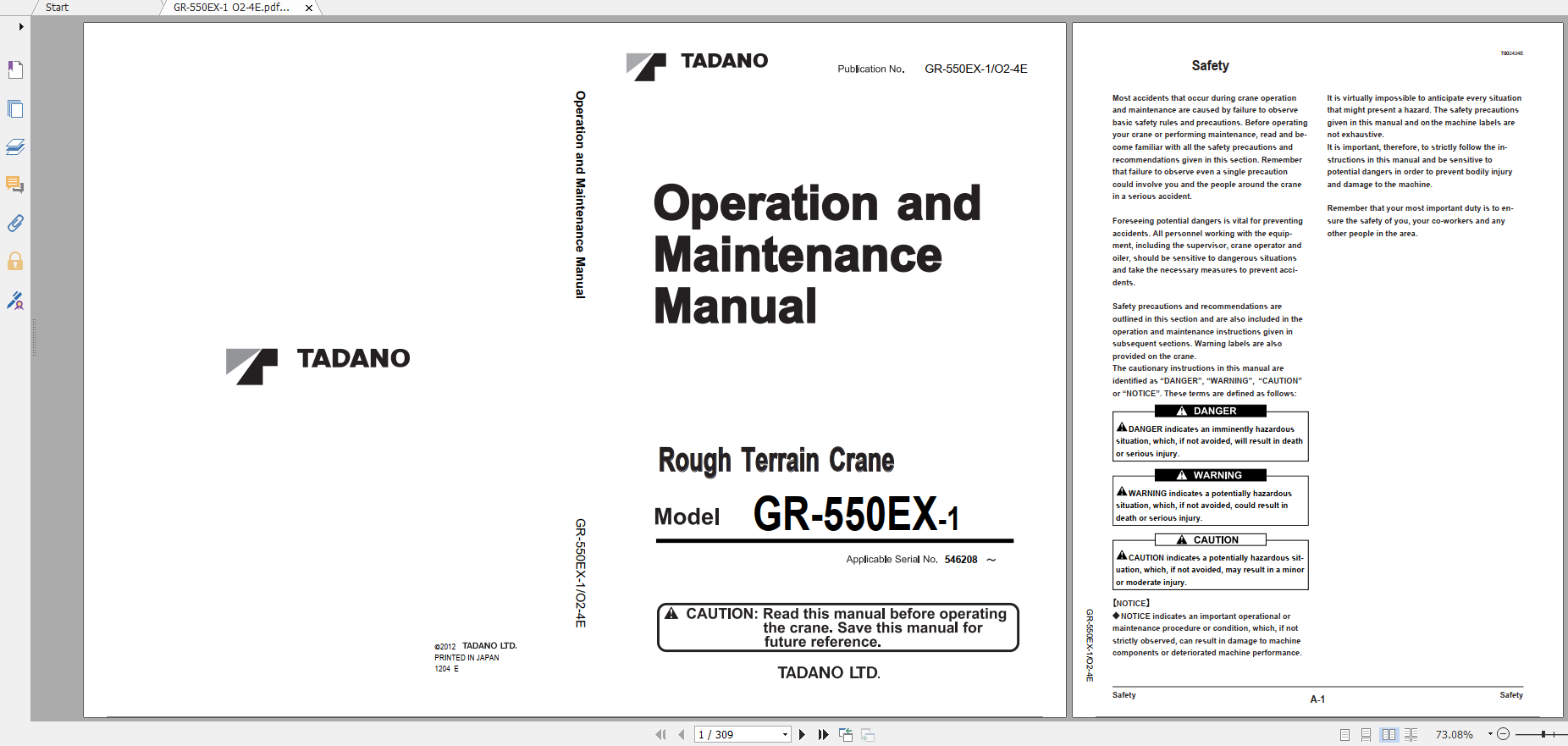 Tadano Rough Terrain Crane GR 550EX 1 GR 550E 1 00212 Operation Maintance Manual 1